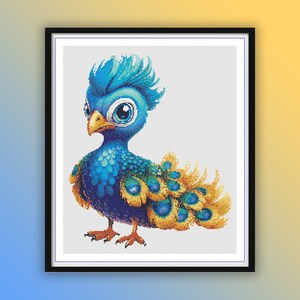 May include: A blue and gold peacock with large eyes and a feathery tail. The peacock is standing on a white background.