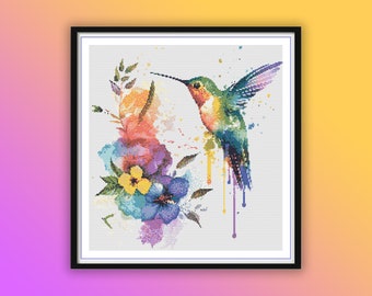 Acuarela floral colibrí contado punto de cruz PDF patrón, pájaros del mundo de la naturaleza, pájaros gorrión, loros, punto de cruz moderno