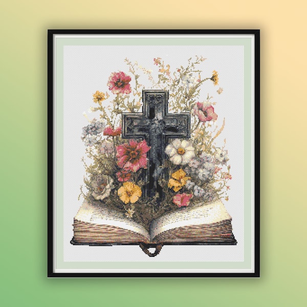 Watercolor Floral The Holy Bible Counted Cross Stitch PDF Pattern, Floral Christian Cross, Religious Hand Embroidery, Modern Cross Stitch