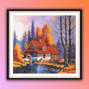 Autumn Lake & Forest Landscape Cross Stitch Pattern - Watercolor Village Scenery Needlepoint PDF