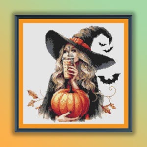 Enchanting Watercolor Witch Embroidery Pattern: Autumn Halloween Cross Stitch PDF for Crafters