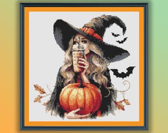May include: A witch with a black hat and long blonde hair holds a pumpkin and a cup of coffee. She is wearing a black dress and has bats flying around her.