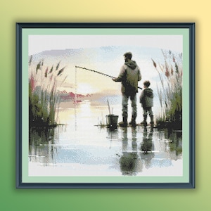 May include: A painting of a father and son fishing on a lake. The father is wearing a brown jacket and the son is wearing a blue jacket. They are both standing on the edge of the lake, with their fishing rods in the water. The lake is calm and the sky is a soft blue.