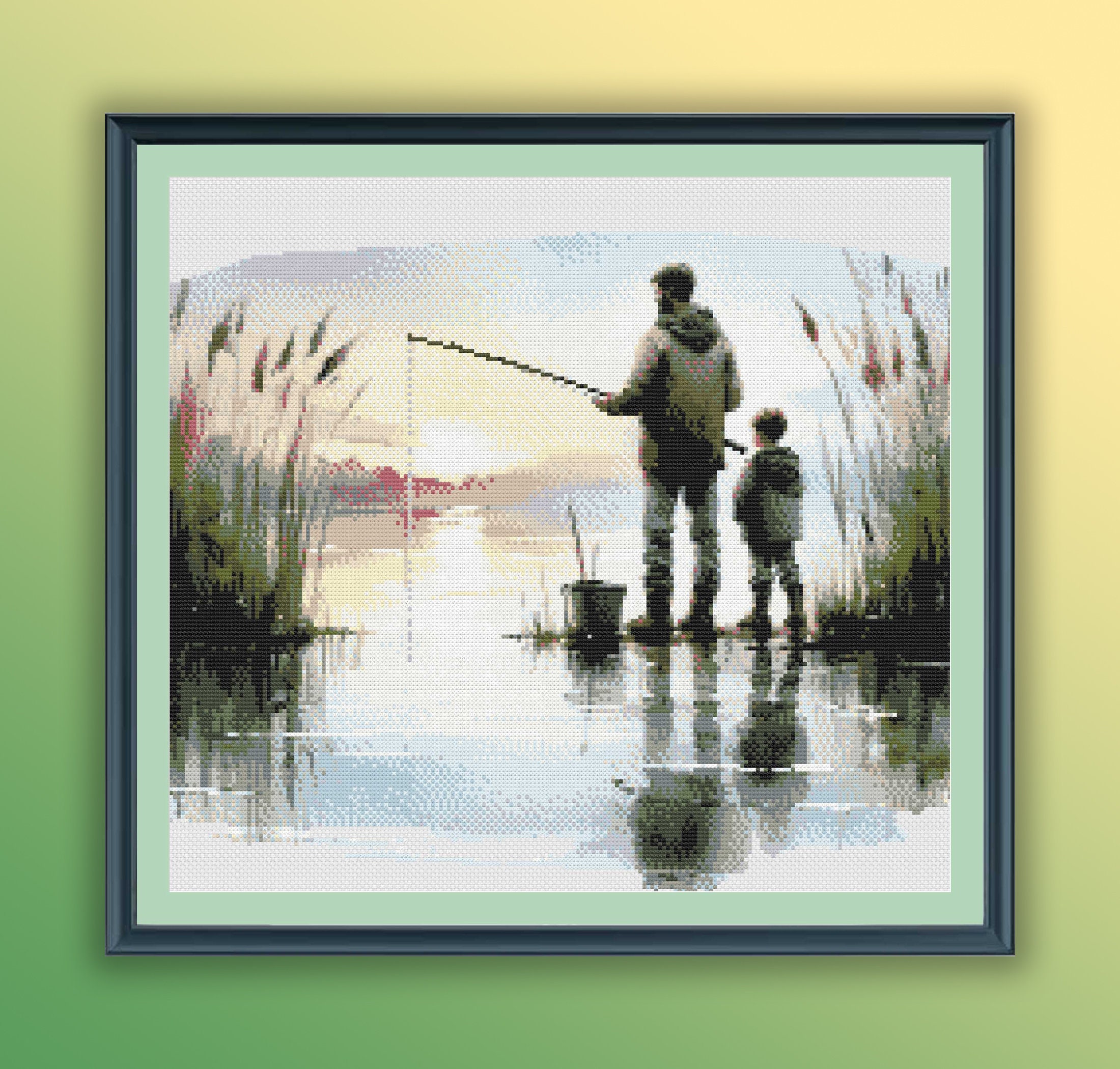 水彩画の釣り風景クロスステッチパターン：夕暮れの湖畔の父と息子