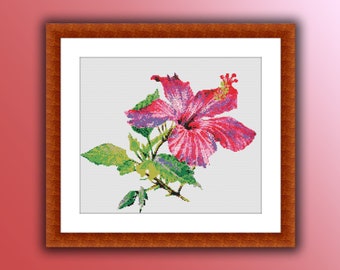 Watercolor Hibiscus Counted Cross Stitch PDF Pattern, Spring Flowers, Tropical Flowers, Exotic Flowers, Modern Cross Stitch