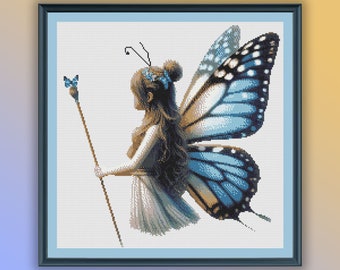 Patrón de punto de cruz "Niña mariposa en acuarela" - Gráfico de bordado moderno (descarga en PDF)