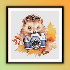 May include: A cute brown hedgehog holding a vintage camera in front of a background of orange and yellow autumn leaves.