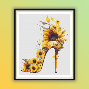 Patrón de punto de cruz contado en PDF de tacones altos con girasoles en acuarela, punto de cruz de moda, arreglo floral, patrón floral en PDF