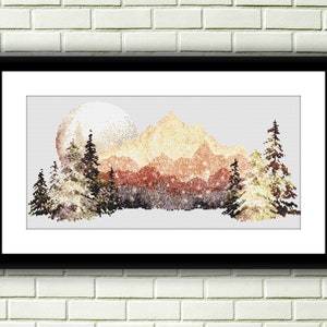 Watercolor Pink Mountains Landscape PDF Counted Cross Stitch Pattern, Winter Digital Cross Stitch Chart, Winter Woodland PDF, Four Seasons