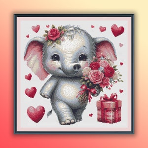 Watercolor Baby Valentine Elephant Counted Cross Stitch PDF Pattern, Cute Safari Animals, Valentine's Day Animals, Hand Embroidery