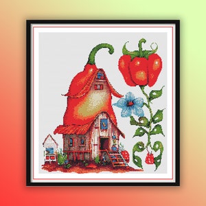 Watercolor Chili House Counted Cross Stitch PDF Pattern, Chili Pepper, Farm House, Village Landscape, Modern Cross Stitch Chart