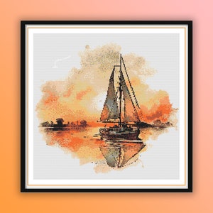 Watercolor Sailing at Sea Counted Cross Stitch PDF Pattern, Vintage Sailboat, Sunset at Sea, Sailboat on The Lake, Modern Cross Stitch