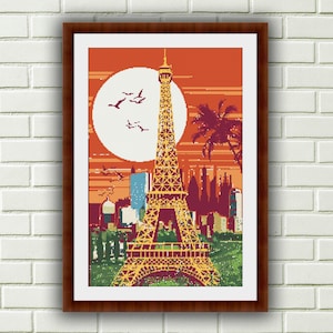 Romantic Eiffel Tower Sunset Cross Stitch Pattern: Paris City Skyline Needlework Design