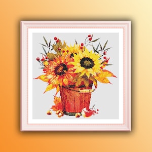 Patrón de punto de cruz contado de girasoles de otoño en PDF, punto de cruz de ramo, arreglo floral, patrón floral, flores de margaritas