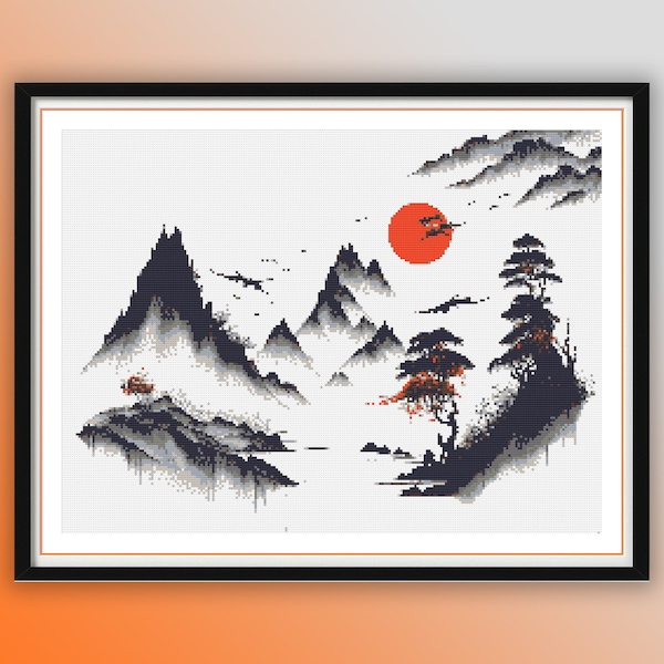 Aquarelle Paysage japonais compté point de croix PDF Modèle, Montagnes Fuji Sakura japonais, Bonsaï, Point de croix moderne