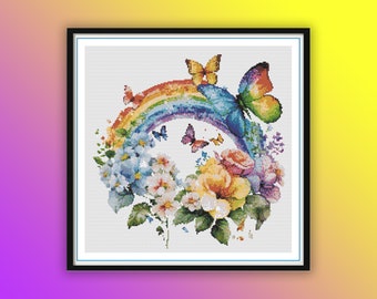 Vibrant Watercolor Butterfly & Floral Cross Stitch Pattern - Spring Embroidery PDF Download