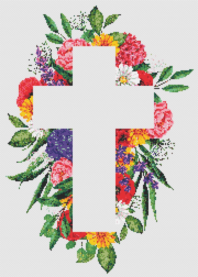 Christian Cross Cross Stitch Pattern With Flowers Easter Etsy