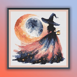 Aquarel Halloween maanheks getelde kruissteek pdf-patroon, halloweenlandschap, moderne kruissteekkaart, handborduurwerk