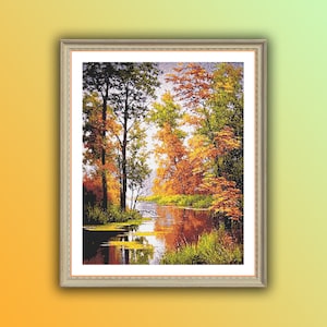 Autumn Landscape Watercolor Cross Stitch Pattern: Hello Fall Trees Counted Design PDF Download