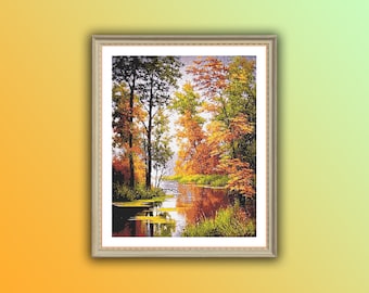 Autumn Landscape Watercolor Cross Stitch Pattern: Hello Fall Trees Counted Design PDF Download