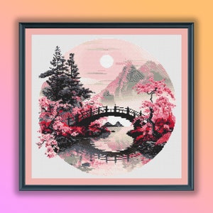 Aquarell Japanische Sommerlandschaft Kreuzstich PDF Muster, Fuji Gebirge Japanische Sakura, Japanisches Minka Haus, Bonsai Baum