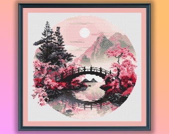 Serene Japanese Watercolor Landscape Cross Stitch Pattern: Fuji, Sakura, Minka House & Bonsai