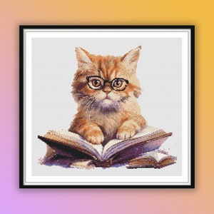 Watercolor Cat Reading Cross Stitch Pattern: Bookworm Embroidery (PDF Pattern)