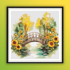Aquarel poëtische brug over de rivier getelde kruissteek pdf-patroon, herfstboslandschap, wilde zonnebloemen, handborduurwerk