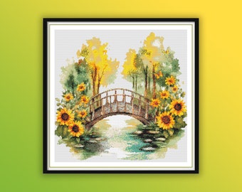 Autumn Sunflower Landscape Bridge Cross Stitch Pattern: Watercolor PDF Chart for Nature Lovers
