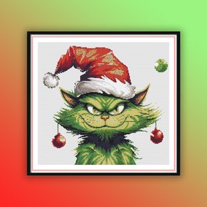 Grinch-Inspired Watercolor Cat Christmas Cross Stitch Pattern - Modern Embroidery Chart PDF