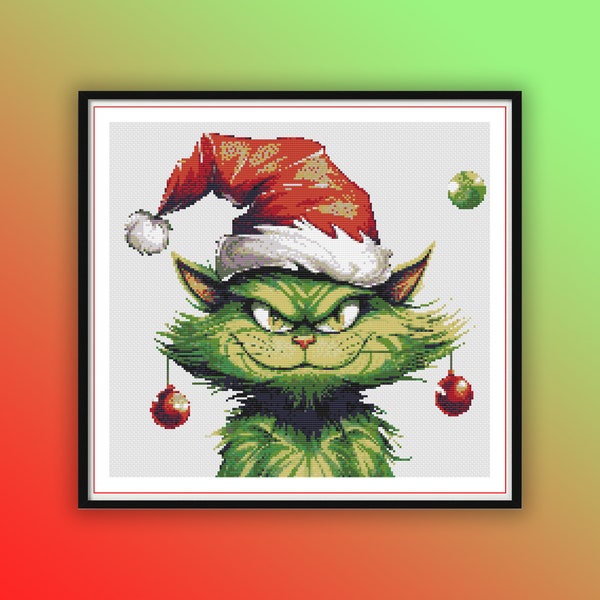 Watercolor Green Christmas Cat Counted Cross Stitch PDF Pattern, Grinch Cat, Christmas Animals, Hand Embroidery, Modern Cross Stitch Chart