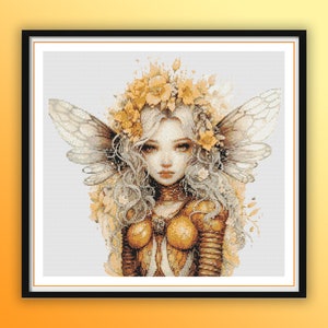 May include: A digital painting of a fairy with golden wings and a crown of yellow flowers. The fairy has long white hair and a delicate face. The background is a soft gray.