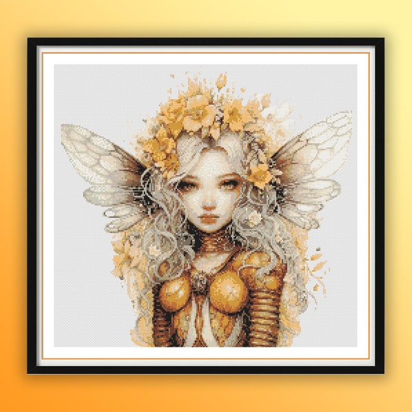 Watercolor Bee Fairy Girl Counted Cross Stitch PDF Pattern, Queen Bee, Modern Cross Stitch Chart, Hand Embroidery