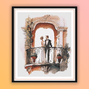 Romantic Balcony Wedding Watercolor Cross Stitch Pattern: Bride & Groom Silhouette PDF