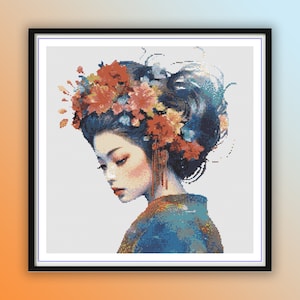 Watercolor Geisha Cross Stitch Pattern: Japanese Kimono (PDF Pattern)