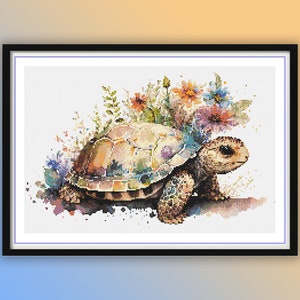 Watercolor Floral Baby Turtle Counted Cross Stitch PDF Pattern, Nursery Animals, Baby Shower Animals, Modern Cross Stitch Chart