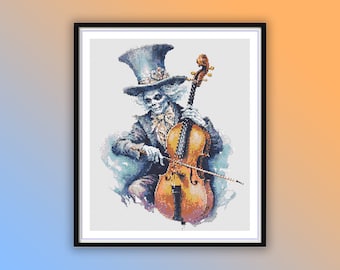 Victorian Skeleton Musician Halloween Cross Stitch Pattern - Spooky Watercolor Ghost Embroidery PDF