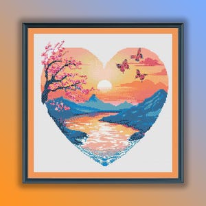 Aquarell Japanischer Sonnenuntergang Landschaft Kreuzstich PDF Muster, Fuji Berge Japanische Sakura, Handstickerei, moderner Kreuzstich