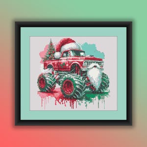 May include: A red monster truck with a Santa Claus hat and a Christmas tree in the bed. The truck is driving through a green and blue watercolor background.