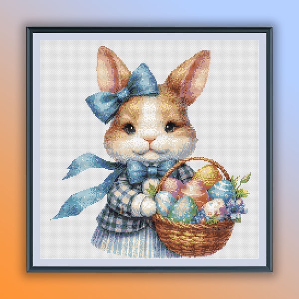 Watercolor Cute Easter Bunny Counted Cross Stitch PDF Pattern, Easter Eggs, Easter Animals, Hand Embroidery, Modern Cross Stitch Chart