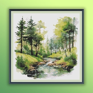 Aquarell Wald Fluss Landschaft Kreuzstich PDF Muster, moderne Kreuzstichvorlage, Handstickerei