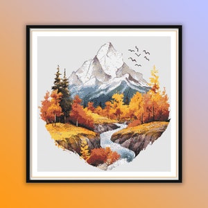 Aquarell Herbst Wald und Berge Kreuzstich PDF Muster, Highland Herbst Landschaft, Handstickerei