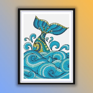 Patrón de punto de cruz de cola de ballena de arte popular: Olas del océano (patrón PDF)