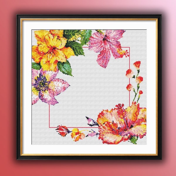 Watercolor Hibiscus Flowers Counted Cross Stitch PDF Pattern, Flowers Bouquet, Tropical Flowers, Exotic Flowers, Flowers Arangement Pattern