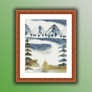 Aquarell Nebel Wald und Berge Landschaft Kreuzstich PDF Muster, Regenwald Kreuzstichmuster, moderne Kreuzstichvorlage