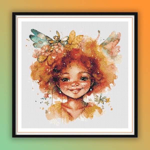 Watercolor Cute Afro Fairy Girl Counted Cross Stitch PDF Pattern, African Girl Cross Stitch, Modern Folk Art Hand Embroidery