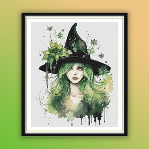 Aquarel groene bloemen heks getelde kruissteek pdf-patroon, halloweenheks, moderne kruissteekkaart, handborduurwerk