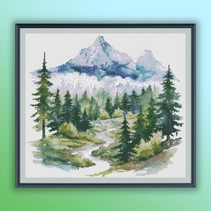 Aquarell Kiefernwald und Berge Kreuzstich PDF Muster, Regenwald Landschaft, Herbstwald, Handstickerei