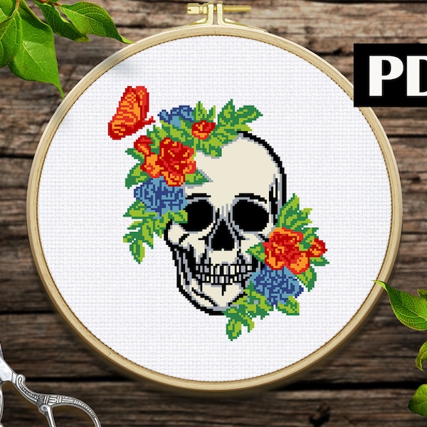 Skull and Flowers Counted Cross Stitch Pattern, Human Anatomy Body Cross Stitch, Skeletor Pattern, Modern Cross Stitch PDF Chart