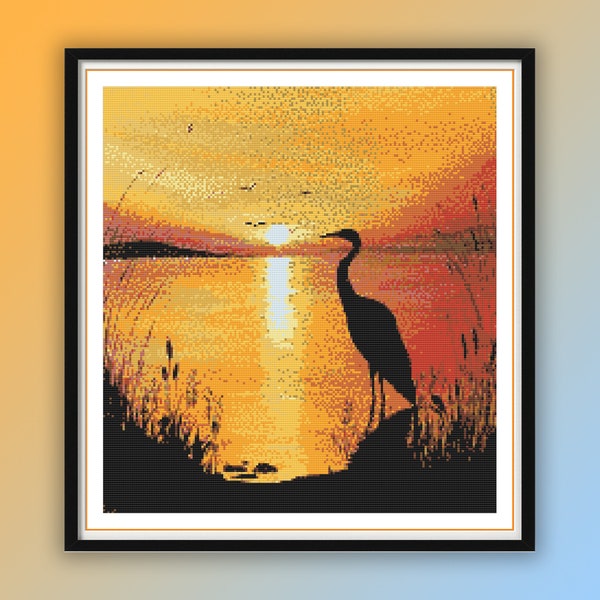 Watercolor Heron On The Lake Counted Cross Stitch PDF Pattern, Summer Seascape, Sunset On The Lake, Instant Download Hand Embroidery
